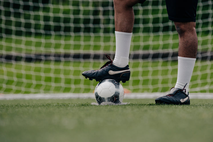 サッカーゴール前でボールに足をかける選手